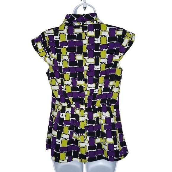 Banana Republic Cap Sleeve Cowl Neck Blouse M Abstract Geometric Purple Green - Picture 3 of 6